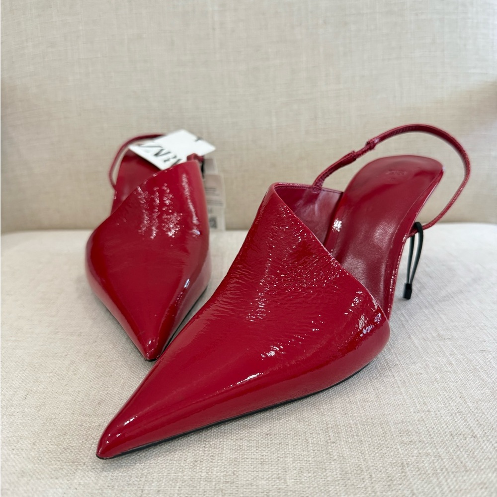 Zara Red Asymmetric Pointed Toe Slingback Pumps, 9 Genuine leather upper and ins